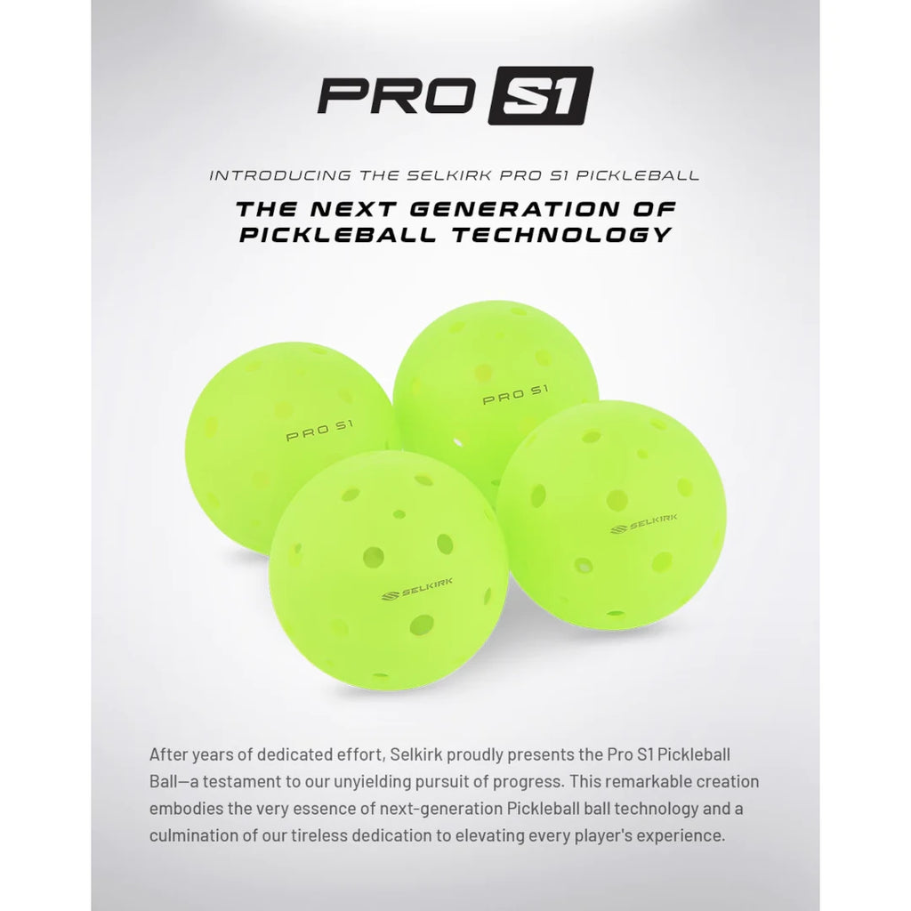 SPORT:PICKLEBALL. Shop Selkirk at "iamPickleball.store". Infographic of specfications of Single Selkirk Pro S1 Pickleball ball, neon yellow. 