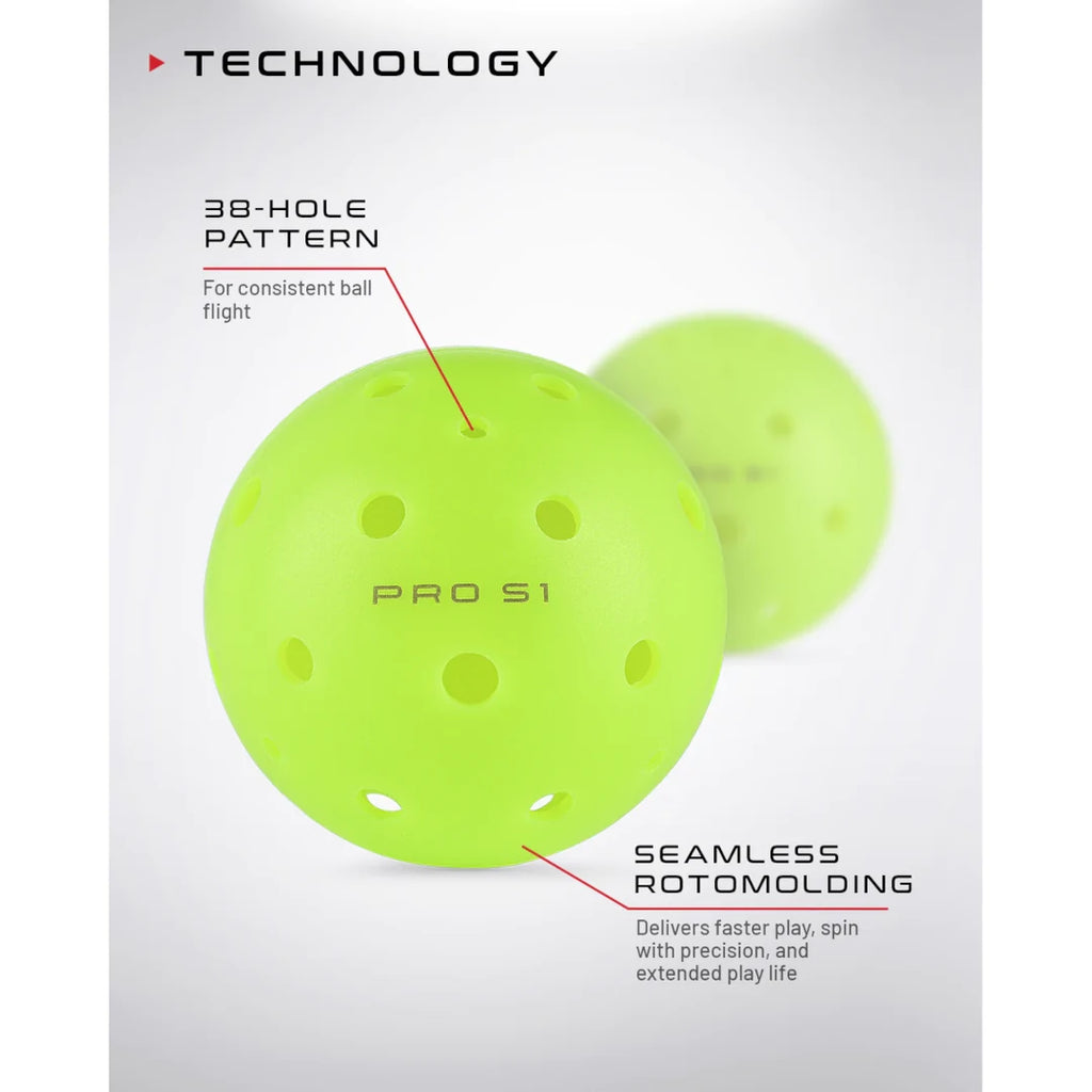 SPORT: PICKLEBALL. Shop Selkirk at iamRacketSports/iam-pickleball,  Miami, Florida, USA. Infographic of specfications of Single Selkirk Pro S1 Pickleball ball, neon yellow. 