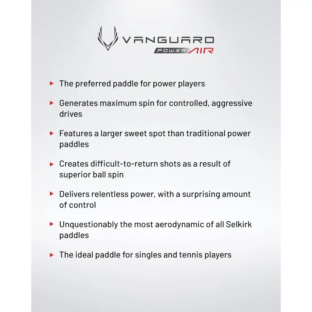 A infographic for the Selkirk VANGUARD POWER AIR S2 Pickleball Paddle, available from iamPickleball.store, Miami store.