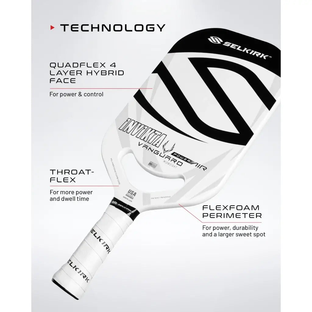 A infographic of the technology used in the Selkirk VANGUARD POWER AIR S2 Pickleball Paddle, available from iamPickleball.store, Miami store.