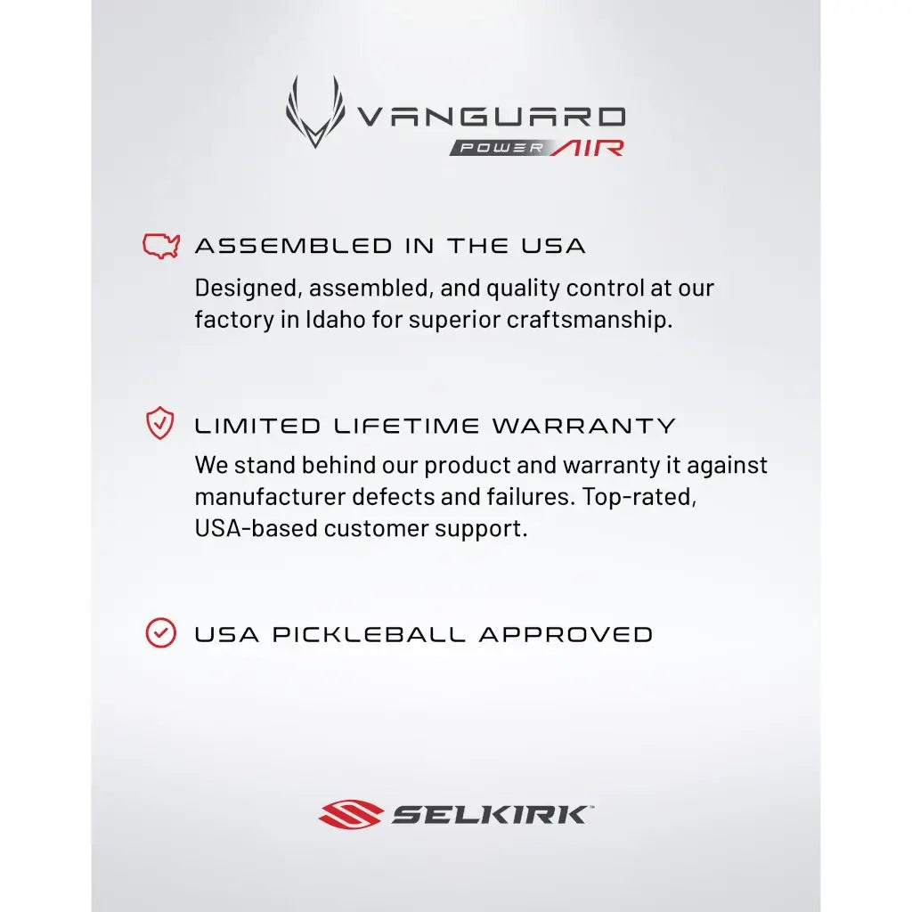 A descriptive inforgraphic about the  Selkirk VANGUARD POWER AIR S2 Pickleball Paddle, available from iamPickleball.store, Miami store.