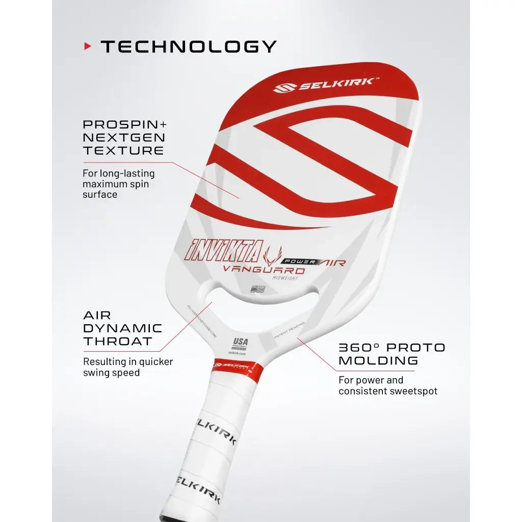 A infographic of the technologies of  Selkirk VANGUARD POWER AIR S2 Pickleball Paddle, available from iamracketsports.com.