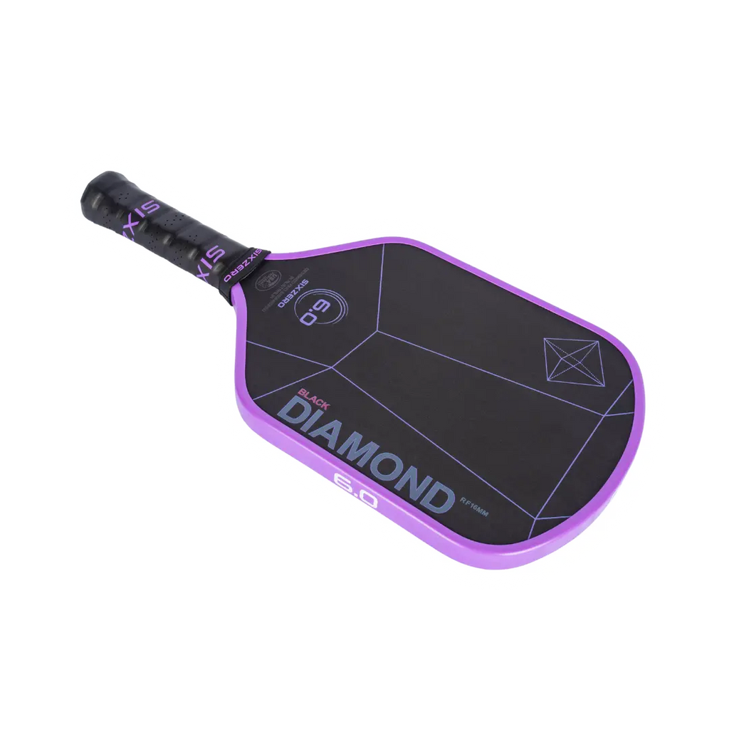 SPORT: PICKLEBALL.  Shop Vision Pro paddles at "iamPickleball.store". Handle and partial face of  Six Zero BLACK DIAMOND POWER JMV Pro Edition PickleBall Paddle.