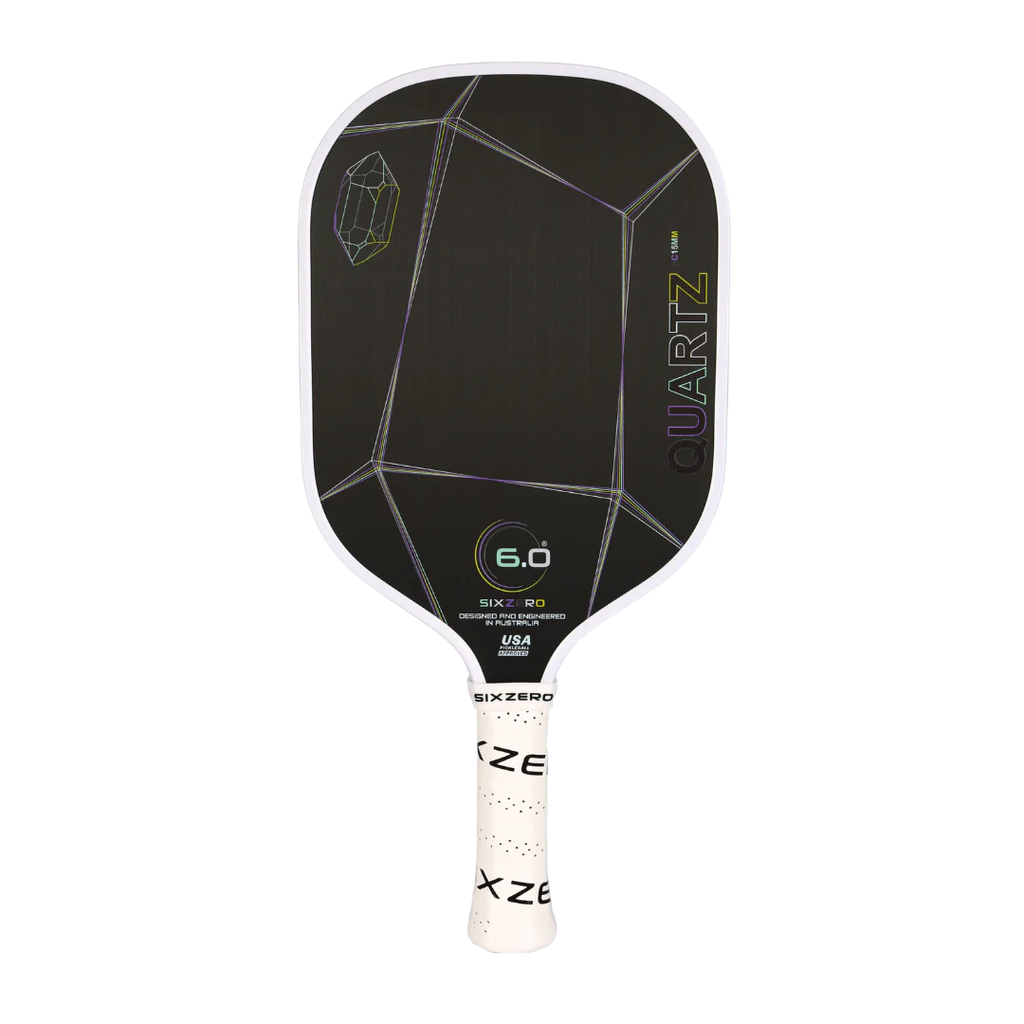 A white Six Zero QUARTZ 15mm PickleBall Paddle, purchase at "iam-pickleball.com".
