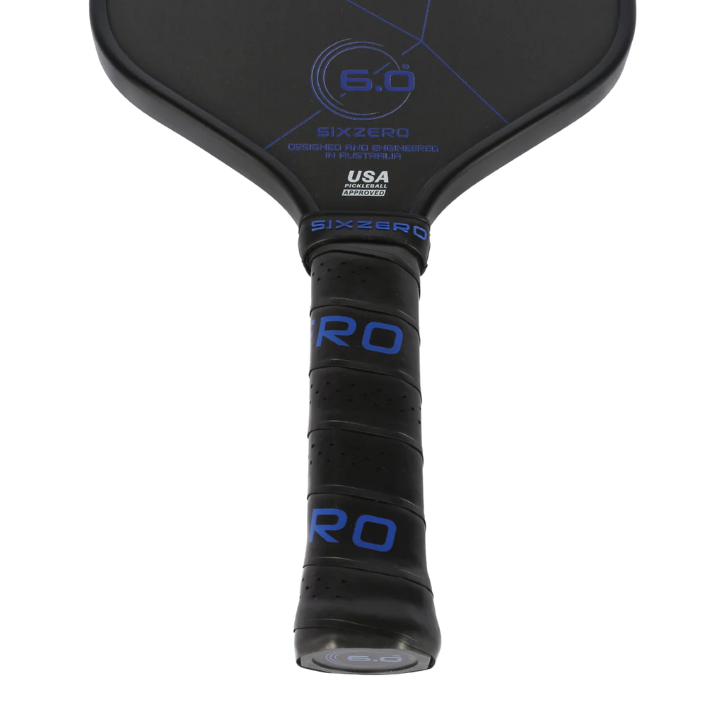 A blue Six Zero SAPPHIRE 2024 PickleBall Paddle, shop at "iamracketsports.com", Miami shop.
