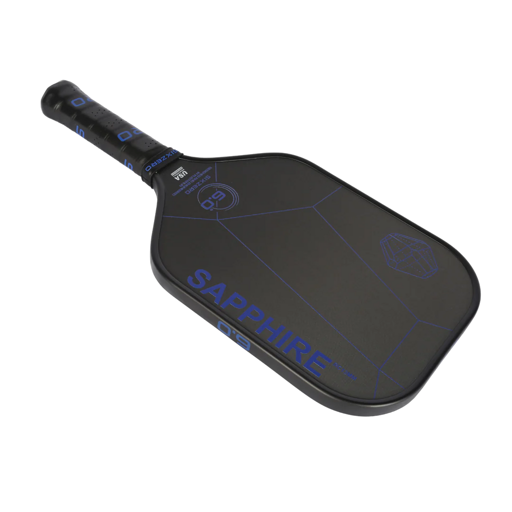 A blue Six Zero SAPPHIRE 2024 PickleBall Paddle, shop at "iamracketsports.com", Miami shop.
