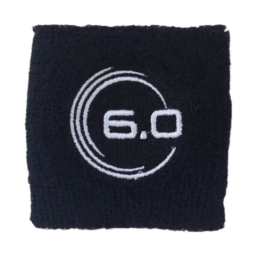A black, Six Zero Sweat Wristband, dimensions: 8cm x 8cm.. Shop Six Zero at iamRacketSports.com.