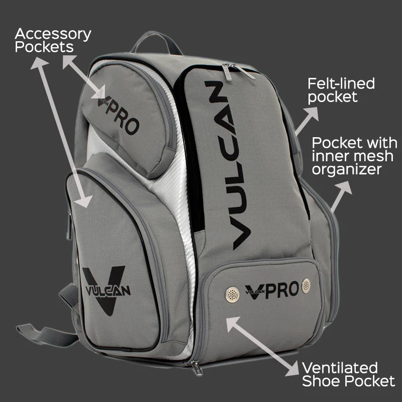 SPORT: PICKLEBALL. Shop Vulcan Sporting Goods at "iamPickleball.store". Infographic of chararcteristics of  a Vulcan VPRO Pickleball Backpack.