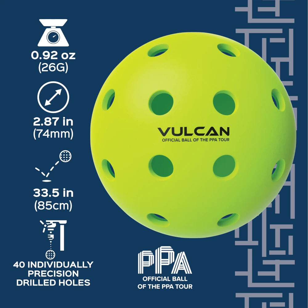 "iamPickleball.store" online store. Infographic of decribing specfications of a Vulcan VPRO FLIGHT Outdoor PPA Tour Pickleball, ball.