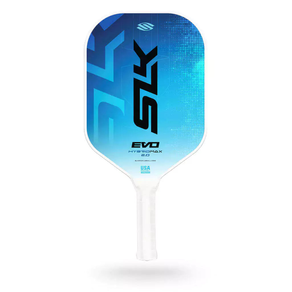 SPORT: PICKLEBALL. Shop Pickleball Paddles and Rackets at "iam-Pickleball.com" a division of "iamracketsports.com". Racket model is a 2023 Selkirk SLK EVO HYBRID 2.0 MAX Pickleball Paddle/racket for beginner to advanced/professional players. Racquet/Paleta is in side vertical orientation.  Paddles color Blue.