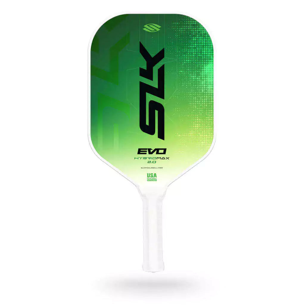 SPORT: PICKLEBALL. Shop Pickleball Paddles and Rackets at "iam-Pickleball.com" a division of "iamracketsports.com". Racket model is a 2023 Selkirk SLK EVO HYBRID 2.0 MAX Pickleball Paddle/racket for beginner to advanced/professional players. Racquet/Paleta is in side vertical orientation.  Paddles color Green