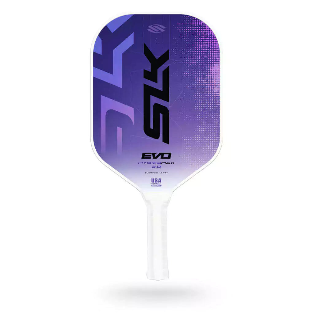 SPORT: PICKLEBALL. Shop Pickleball Paddles and Rackets at "iam-Pickleball.com" a division of "iamracketsports.com". Racket model is a 2023 Selkirk SLK EVO HYBRID 2.0 MAX Pickleball Paddle/racket for beginner to advanced/professional players. Racquet/Paleta is in side vertical orientation.  Paddles color Purple.