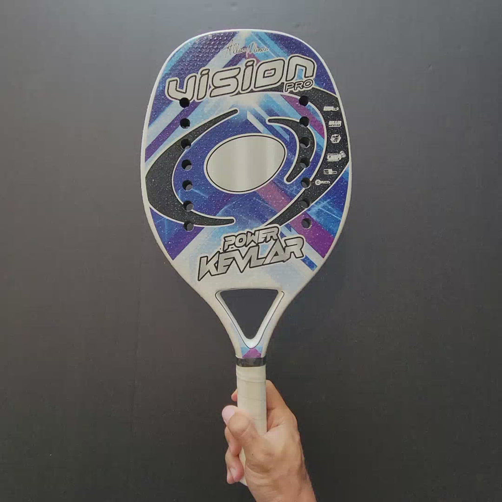 Vision Beach Tennis Brand, Model Vision Power Kevlar 2022 Advanced/Professional Beach Tennis racket  paddle. Video shows racket front and back and been spun.