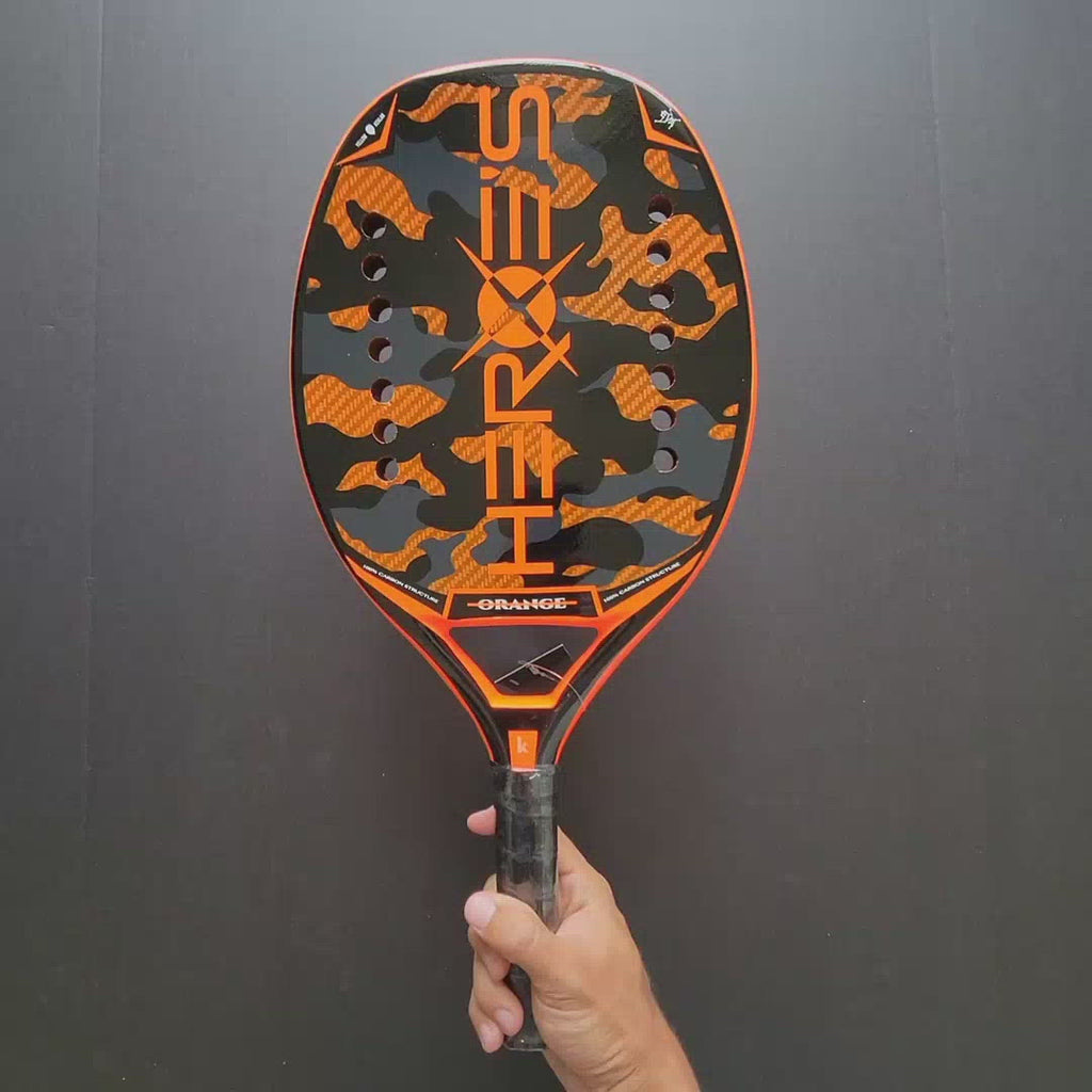 Heroes Beach Tennis Brand, Model 2021 #Orange, Advanced/Profesional Beach Tennis racket/paddle. Video shows racket front and back and being spun.