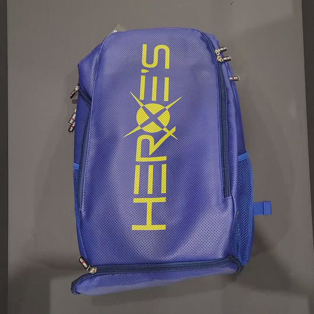 iamBeachTennis store - Heroe's Italia brand beach tennis Gravity Blue Backpack for beach tennis paddles and rackets / raquete. Video shows bag and compartments.