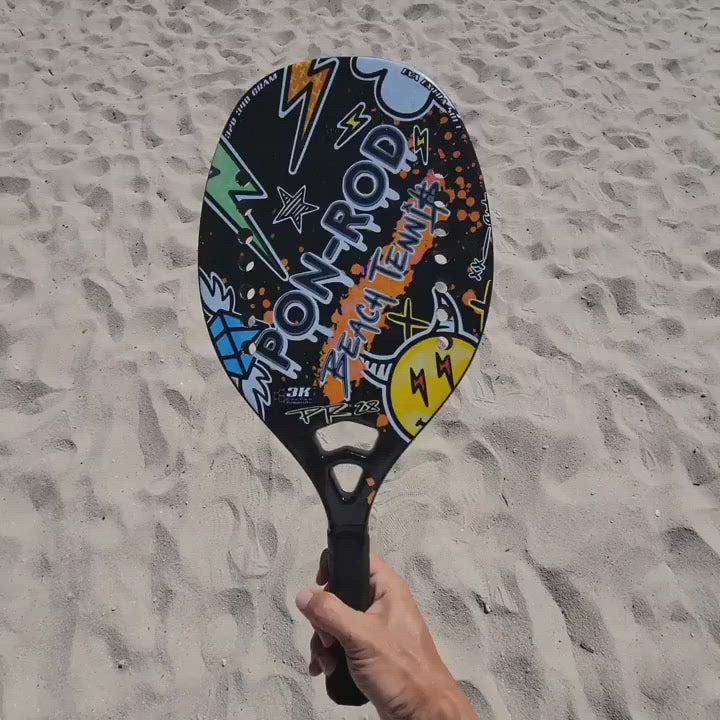 iamBeachTennis online Boutique Shop - PON-ROD Beach Tennis Brand beach tennis paddle.  Model PON-ROD PR28 Professional and advanced BT Racket / raquete. Video shows racket / raquet front and back and being spun. 