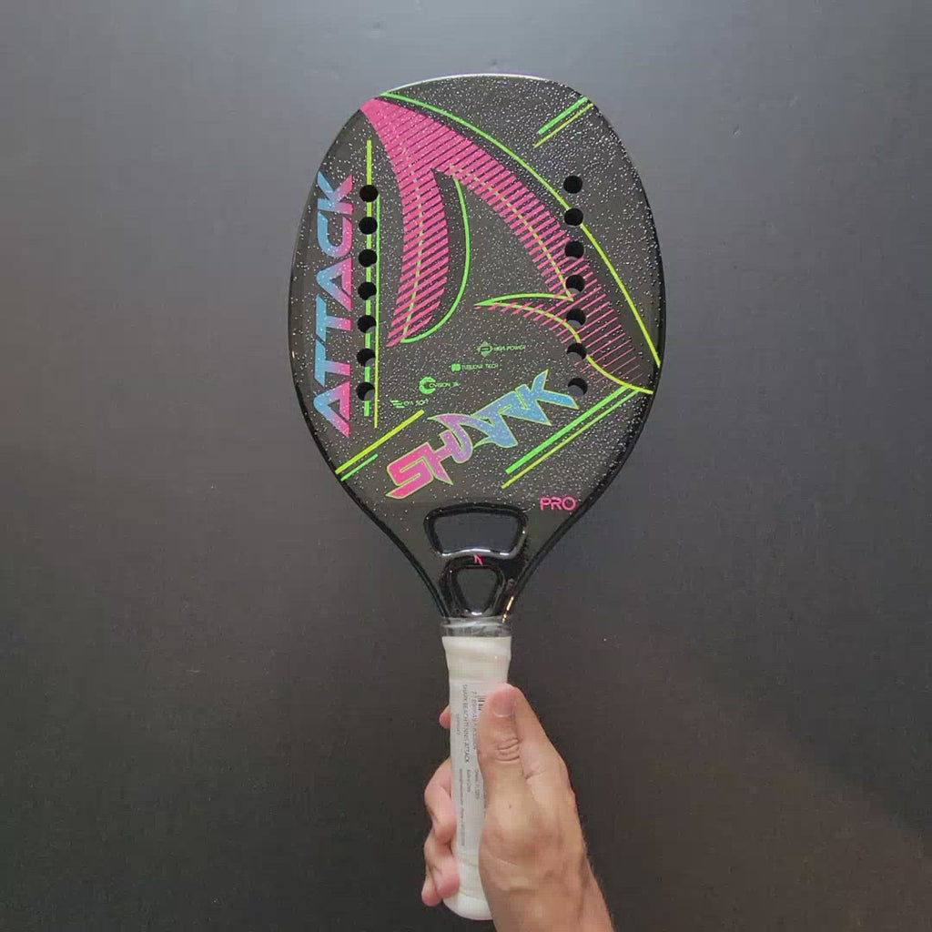Shark Beach Tennis Brand, Model Shark Attack 2022 Advanced/Professional Beach Tennis racket  paddle. Video shows racket front and back and been spun.
