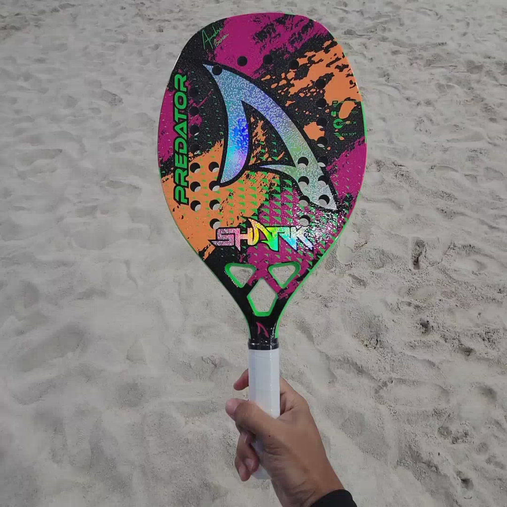 Shark Beach Tennis Brand, Model Shark Predator 2022 Advanced/Professional Beach Tennis racket  paddle. Video shows racket front and back and been spun.