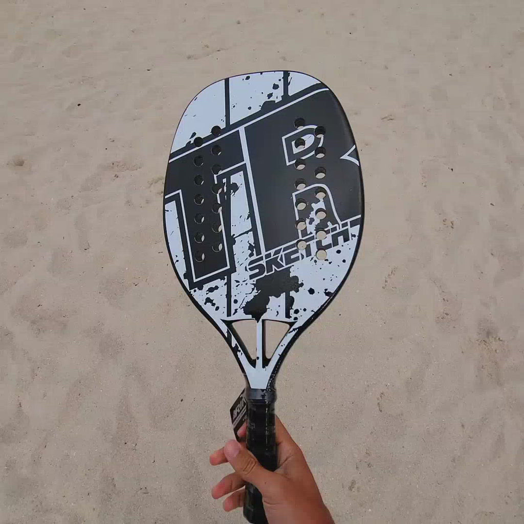 Top Ring Beach Tennis Brand, Model Sketch black/white, Beginner/Intermediate Beach Tennis racket  paddle. Video shows racket front and back and been spun.