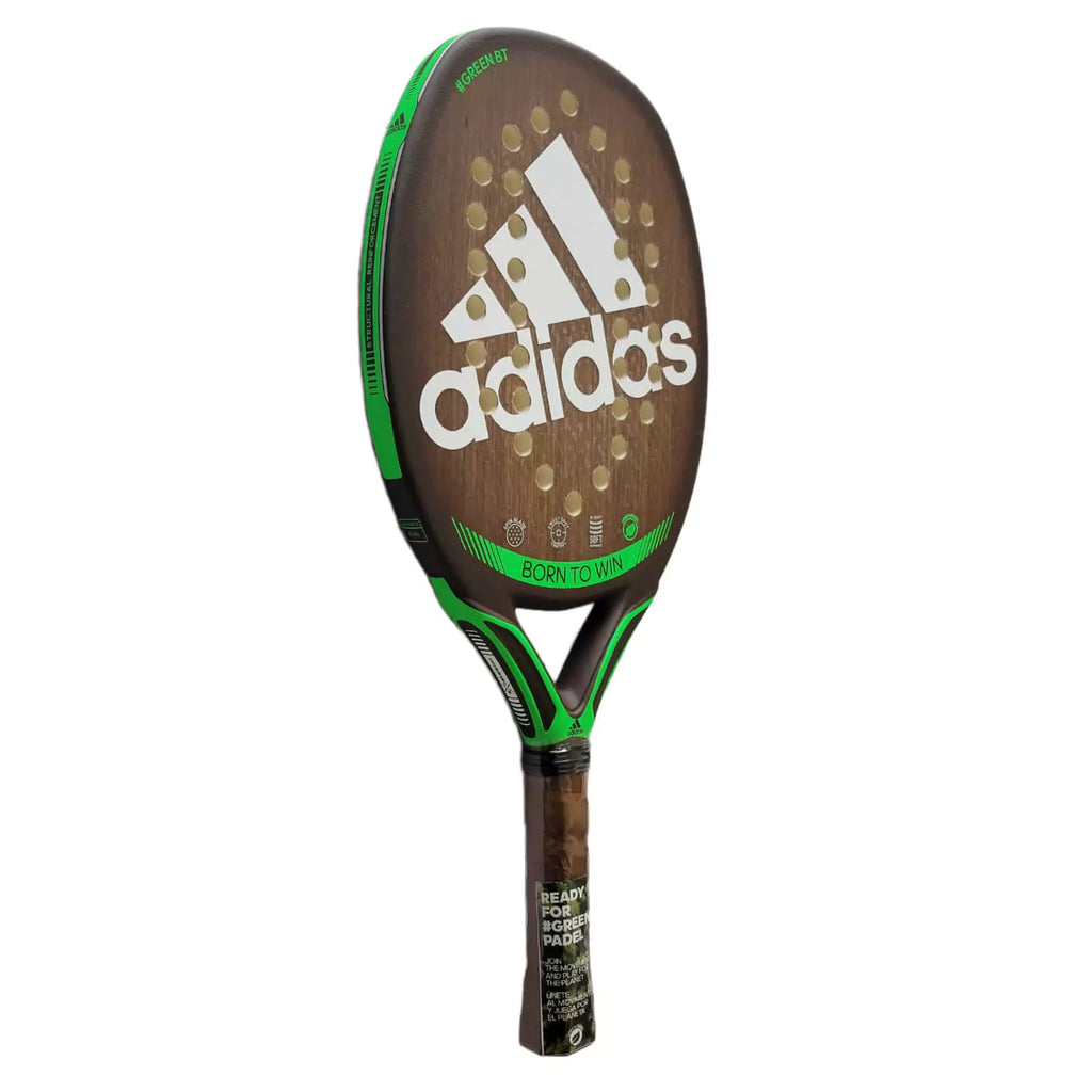 iam beach tennis warehouse shop - Adidas Brand year 2022 BT paddle. The Racket model is a Adidas BT ADIPOWER 3.1 H34 GREEN Intermediate Beach Tennis racket - vertical side orientation view of the racket/ raquete.