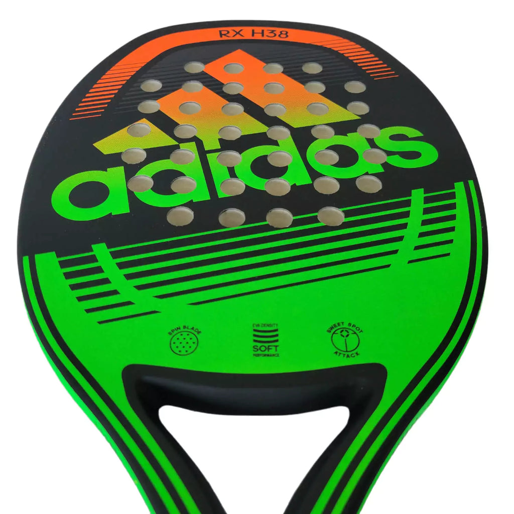 iambeachtennis boutique - Adidas Brand year 2022 BT paddle. The Racket model is a Adidas BT RX 3.1 H38 Intermediate Beach Tennis racket - close up vertical face view of the racket/ raquete.