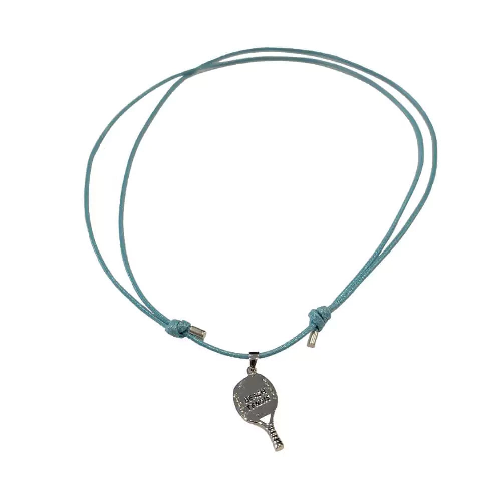 Shop Necklaces - Kreoli Bijoux light blue Necklace with Beach Tennis Racket. Simple light blue braided cord featuring a Beach Tennis Raquet.