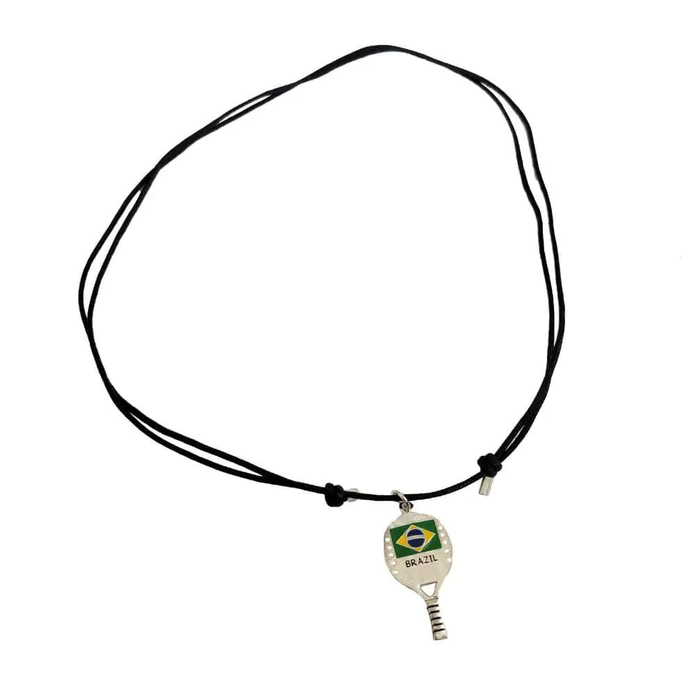 Shop Necklaces - Kreoli Bijoux Black Necklace with Beach Tennis Racket showing Brazilian flag. Simple braided cord featuring a Beach Tennis Raquet with flag.