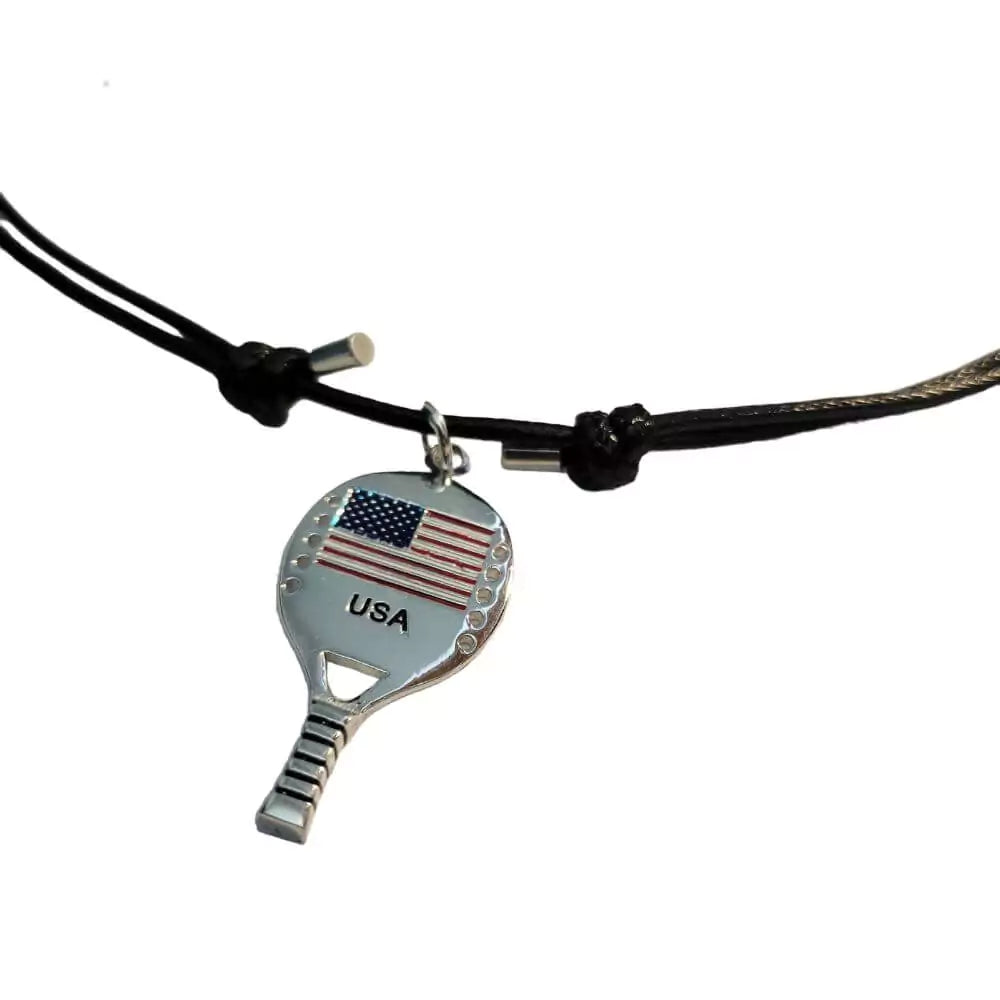 iambeachtennis depot store - Necklace with beach tennis racket and USA Flag. Close up view of the bt racket.