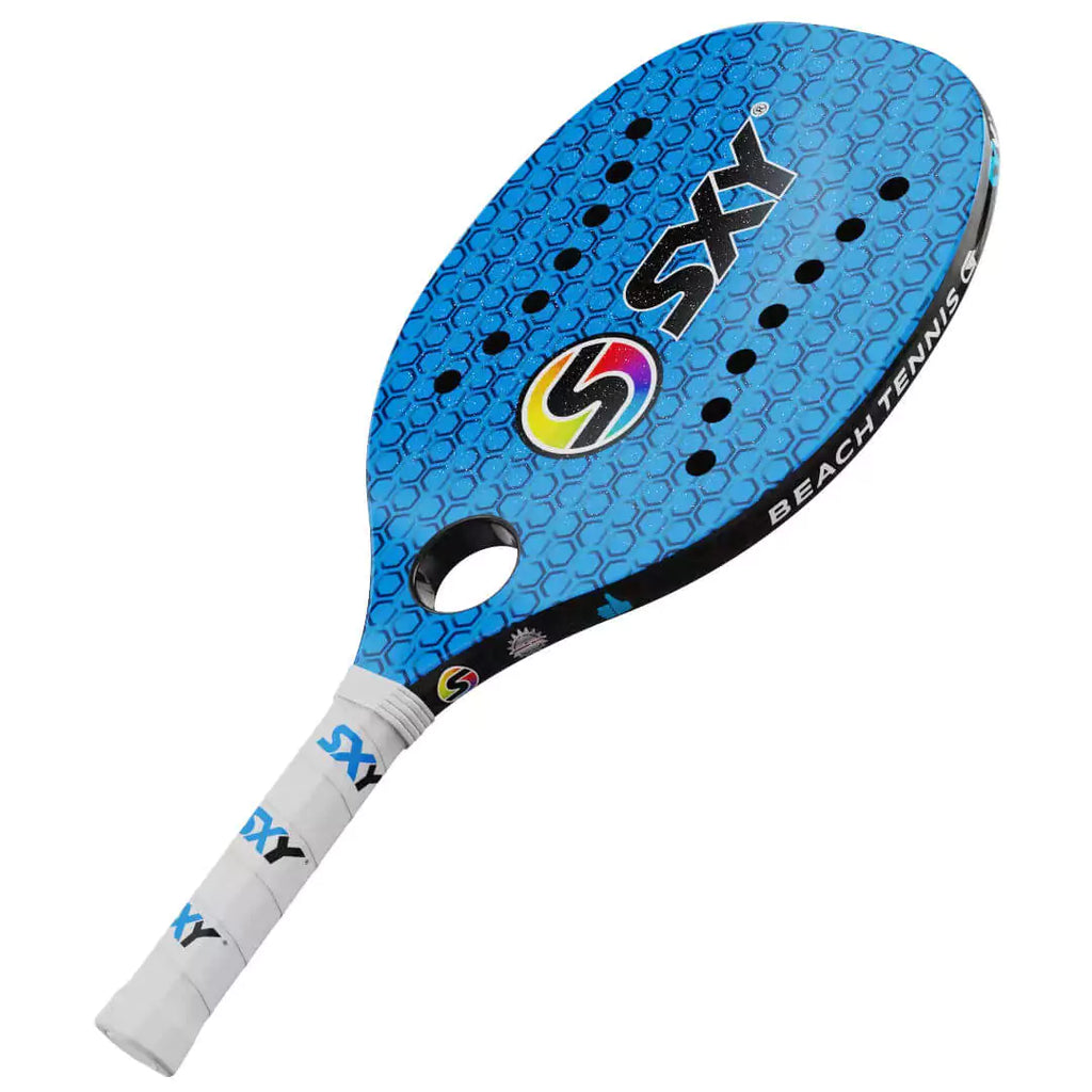 iambeachtennis a miami based store/shop - Sexy Brand Beach Tennis Paddles - Racket model is Sexy Blue Hex GT a Beginner / Intermediate beach tennis racket/racchetta. Raquet/Raquete is in a right facing orientation