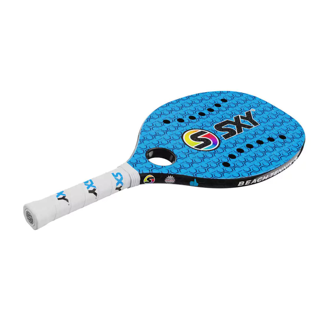 iam beachtennis online wharehouse store - Sexy Brand Beach Tennis Paddles - Racket model is Sexy Blue Hex GT a Beginner / Intermediate beach tennis racket/racchetta. Raquet/Raquete is in a flat right orientation