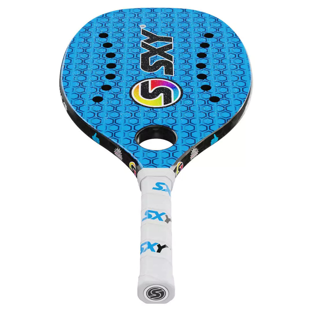 iambeachtennis presents - Sexy Brand Beach Tennis Paddles - Racket model is Sexy Blue Hex GT a Beginner / Intermediate beach tennis racket/racchetta. Raquet/Raquete is in a flat orientation