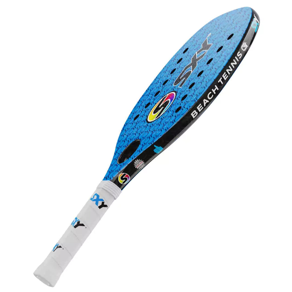 iambeachtennis a depot store - Sexy Brand Beach Tennis Paddles - Racket model is Sexy Blue Hex GT a Beginner / Intermediate beach tennis racket/racchetta. Raquet/Raquete is in a side right orientation