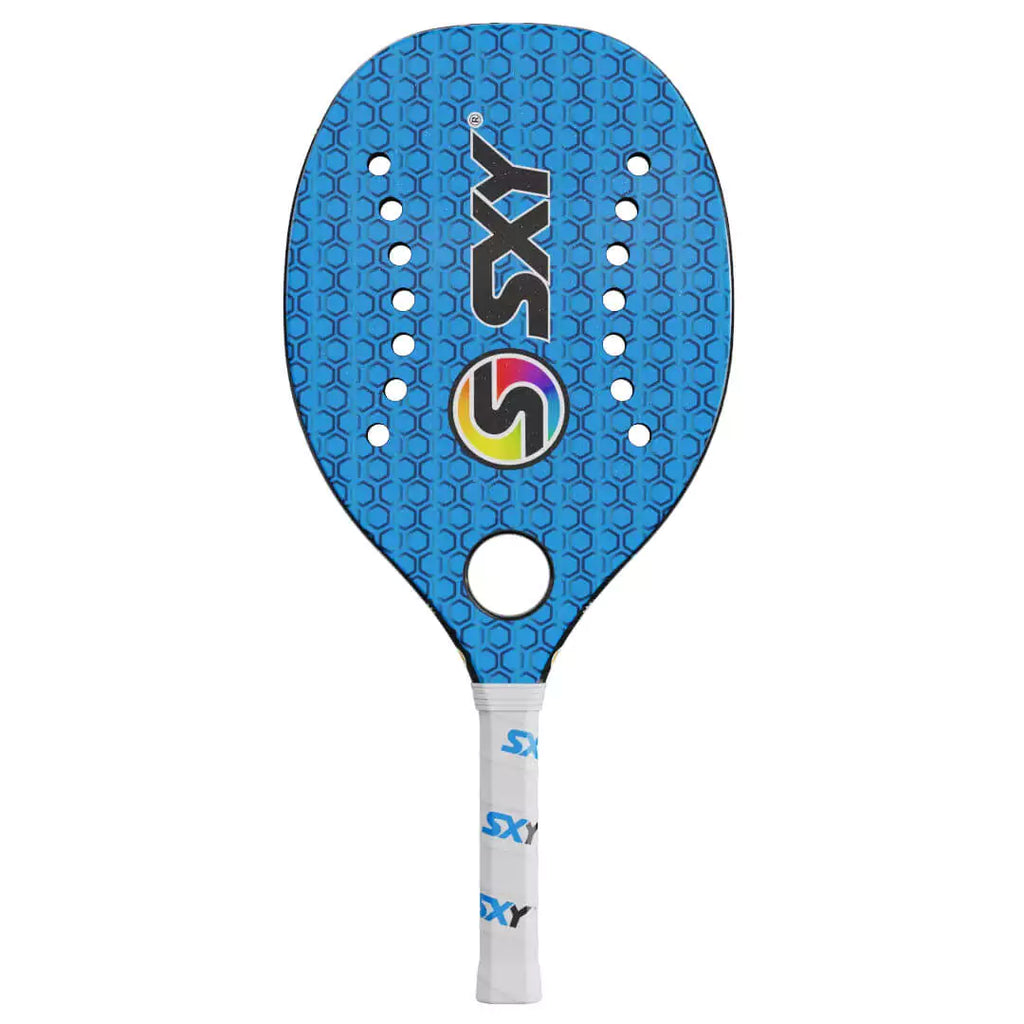 "i am beach tennis" a boutique store - Sexy Brand Beach Tennis Paddles - Racket model is Sexy Blue Hex GT a Beginner / Intermediate beach tennis racket/racchetta. Raquet/Raquete is in a vertical orientation