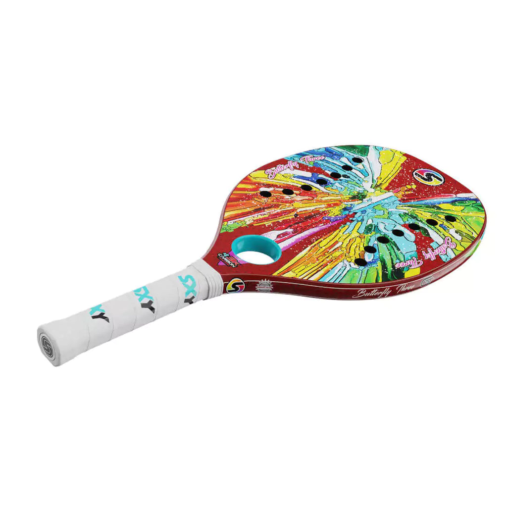 iam beachtennis online wharehouse store - Sexy Brand Beach Tennis Paddles - Racket model is SEXY BUTTERFLY III GT an advanced/professional beach tennis racket/racchetta. Raquet/Raquete is in a flat right orientation