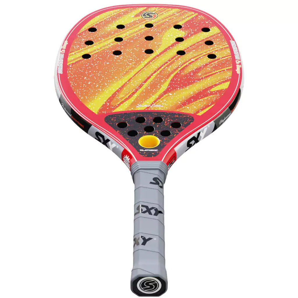 iambeachtennis a depot store - Sexy Brand Beach Tennis Paddles - Racket model is SXY The DOMINATOR "En Fuego" an advanced/professional beach tennis racket/racchetta. Raquet/Raquete is in a side right orientation