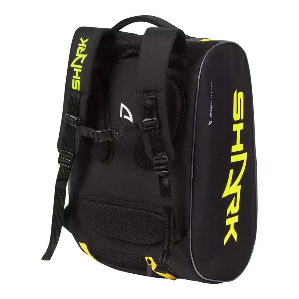 Shop Beach Tennis Bags at iambeachtennis a boutique Beach Tennis Depot Store - Shark Beach Tennis Racquet and Paddle Bag. Color Black and Yellow. Back of bag with straps.