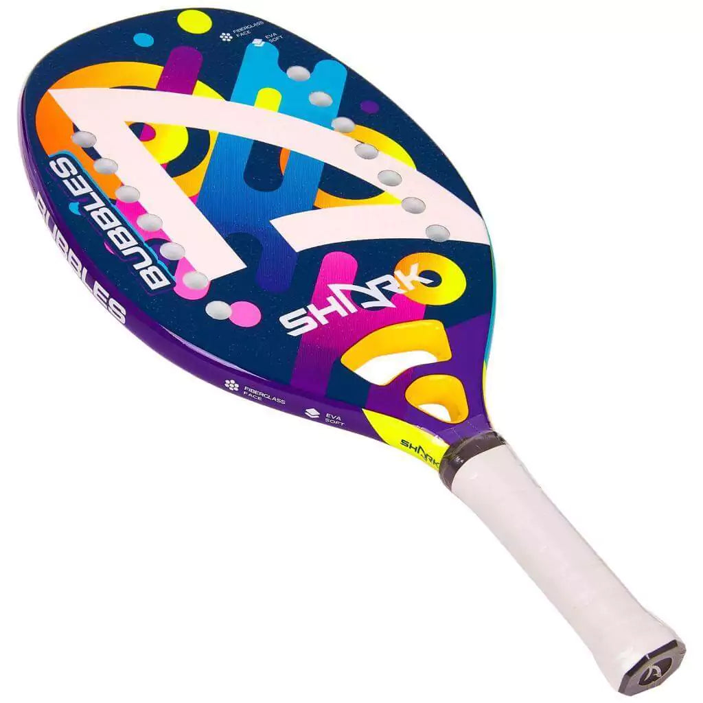 iambeachtennis a divsion of iamRacketSports - miami boutique bt Store - Shark Beach Tennis brand year 2023 beach tennis paddle. The Racket model is a Shark BUBBLES KIDS Beginner Beach Tennis racket - flat face orientation view of the racket / Racquet.