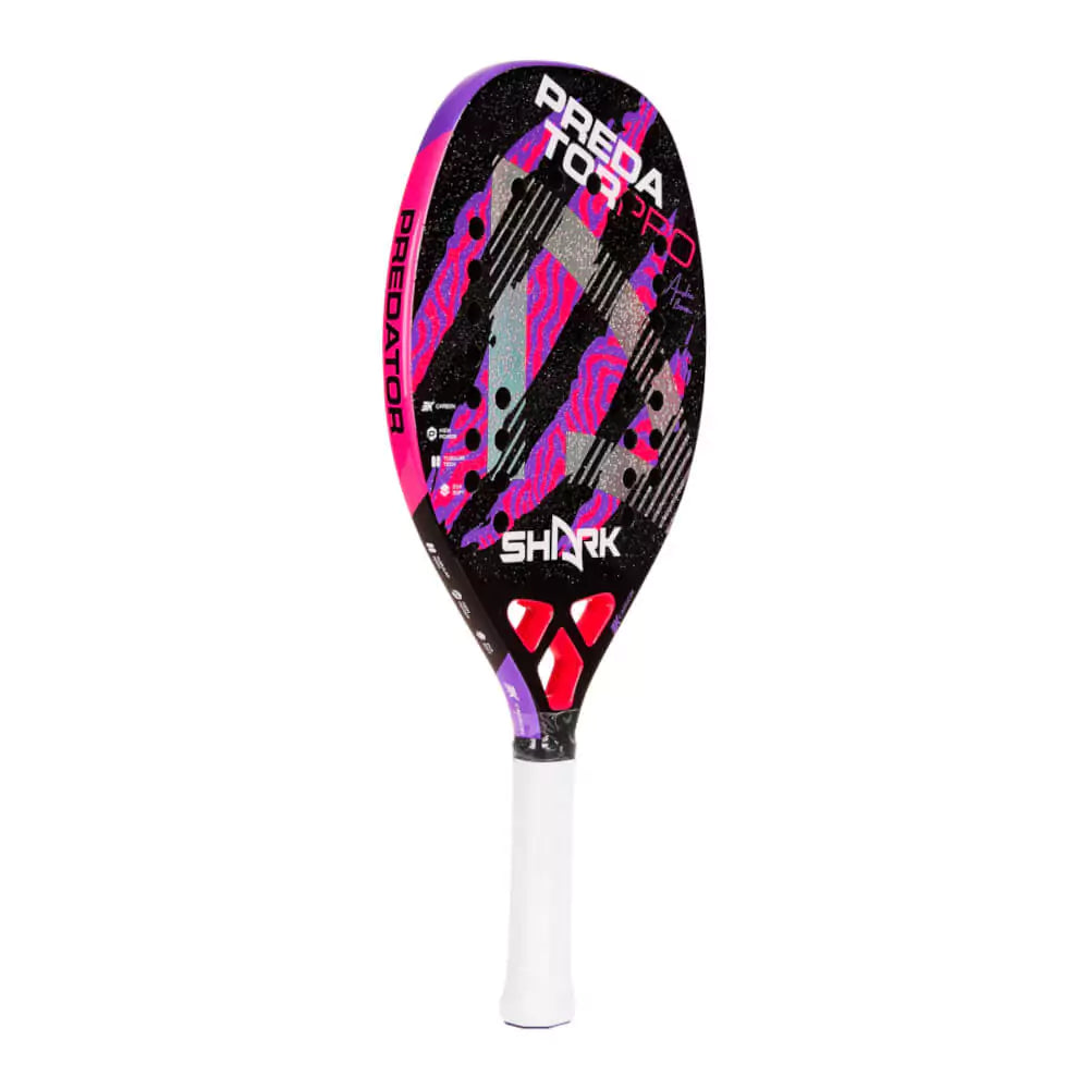 iambeachtennis miami Store - Shark Beach Tennis brand year 2023 beach tennis paddle. The Racket model is a 20mm Shark Predator Advanced/Professional Beach Tennis racket - left side orientation view of the racket / Racquet. Racket signed by Andre Baran.