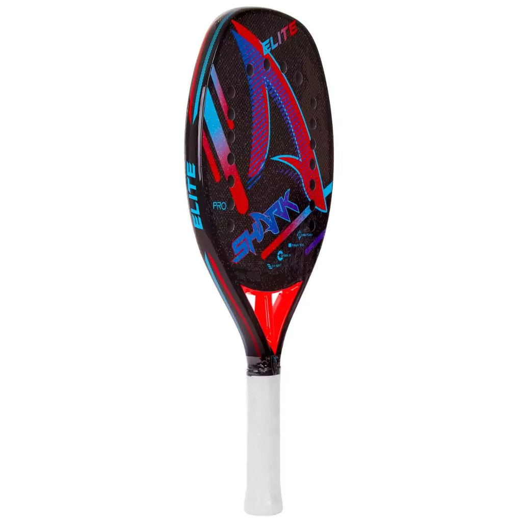 iambeachtennis miami Store - Shark Beach Tennis brand year 2022 beach tennis paddle. The Racket model is a Shark Elite Advanced/Professional Beach Tennis racket - left side orientation view of the racket / Racquet.