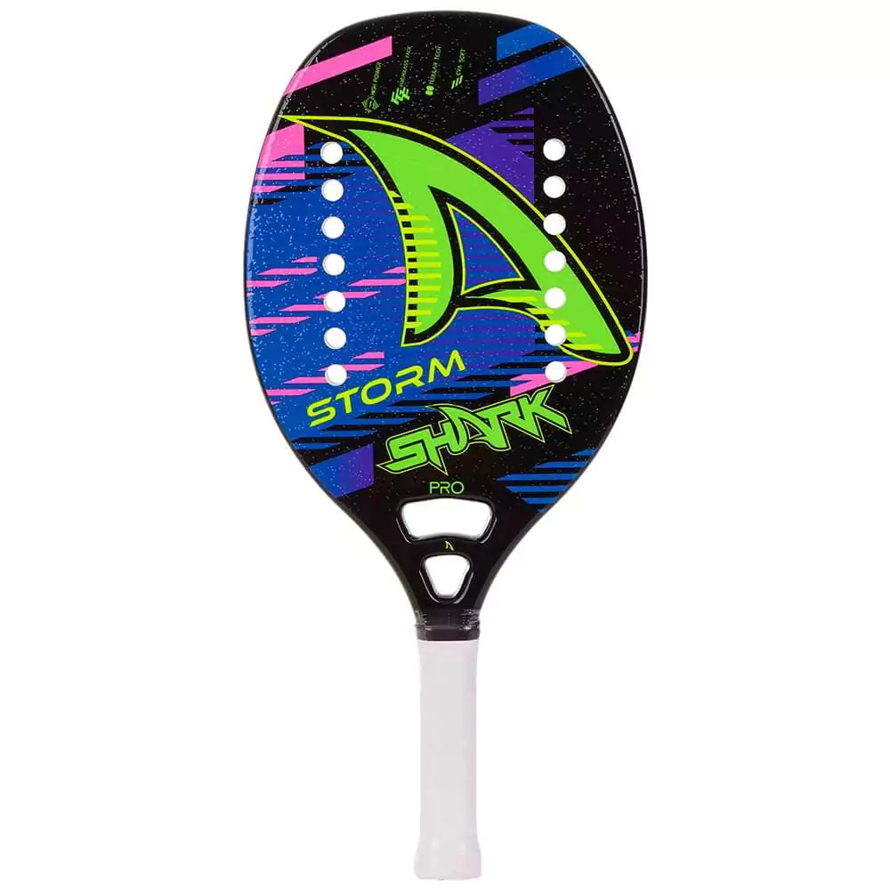 iambeachtennis Shop - Shark Beach Tennis brand year 2022 beach tennis paddle. The Racket model is a Shark Storm Beginner Beach Tennis racket - vertical orientation view of the racket/ raquete