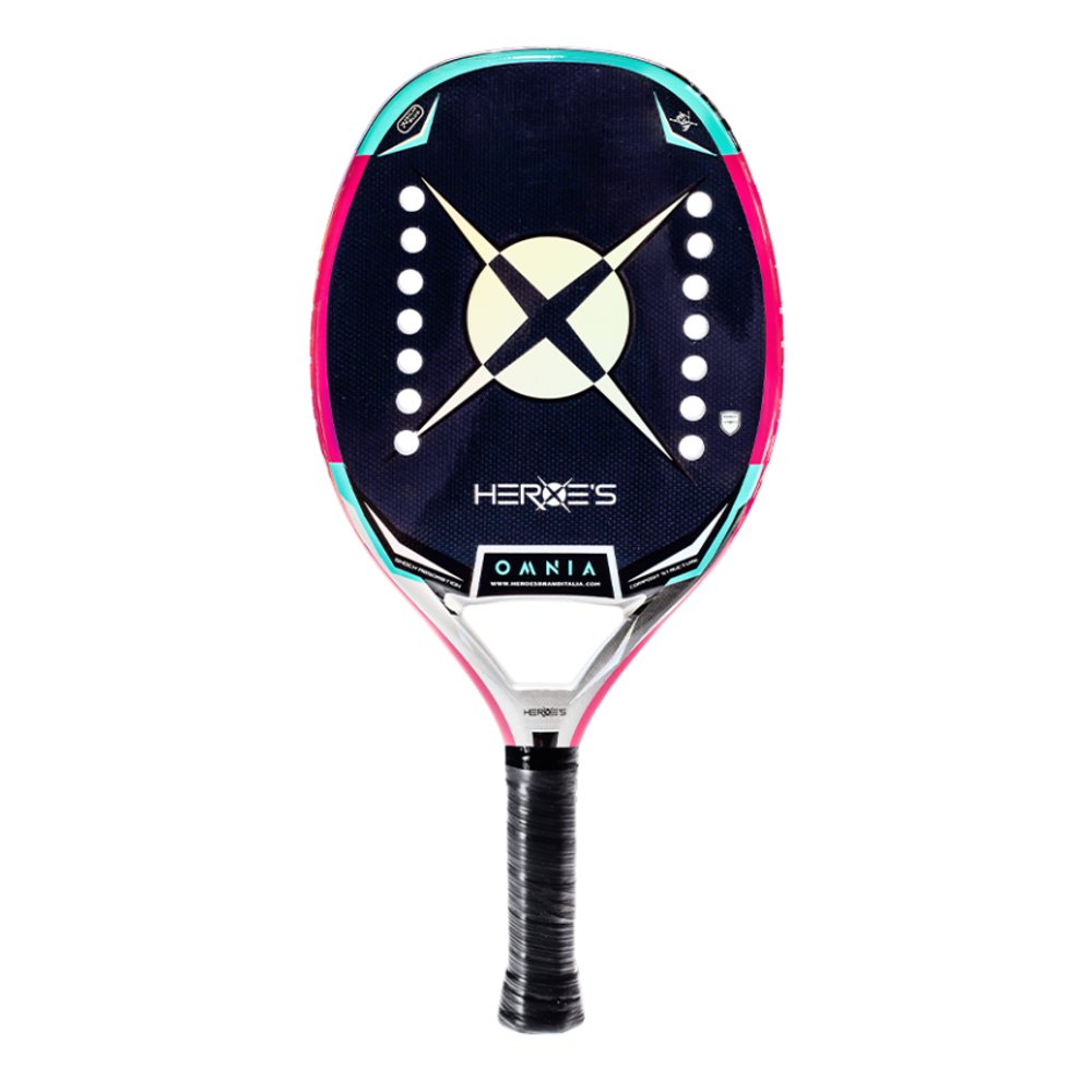 iamBeachTennis online store - Heroe's Brand Italia Beach Tennis Paddle, year 2021. The racquet model is a Heroes BT #OMNIA Advanced/Professional beach tennis racket / raquete.  Vertical view of the racket / raquet.