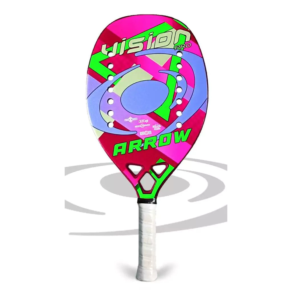 Shop Vision Beach Tennis Rackets, Paddles, Balls and Accessories at iambeachtennis worldwide miami based boutique depot store - Racket model shown is a 2023 Vision Pro ARROW Beginner Beach Tennis Racket. Raquete is vertical.