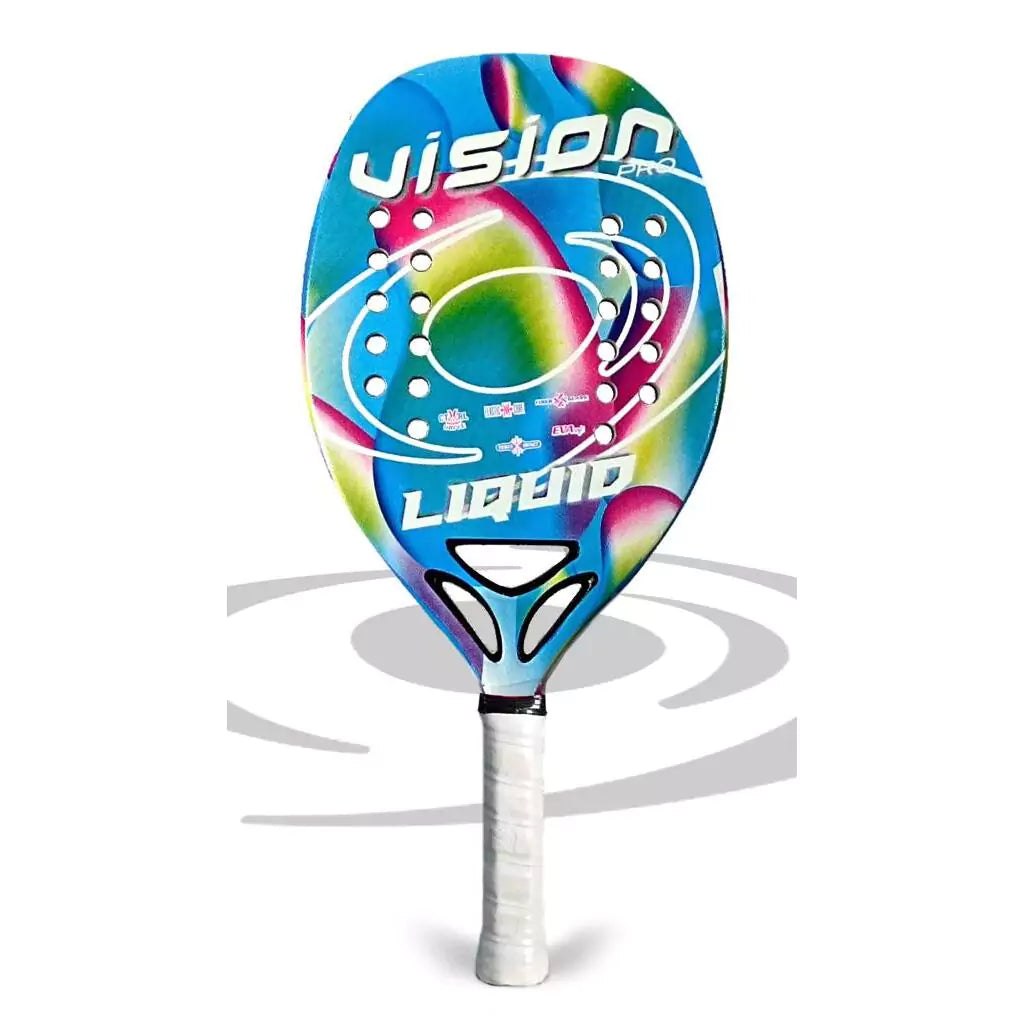 Shop Vision Beach Tennis Rackets, Paddles, Balls and Accessories at iambeachtennis, shipping worldwide. Miami based boutique depot store - Racket model shown is a 2023 Vision Pro LIQUIDr Beginner Beach Tennis Racket. Raquete is vertical.