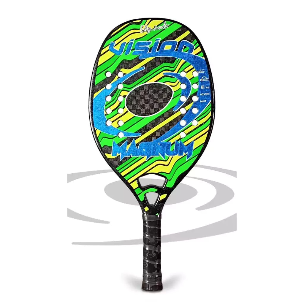 Shop Vision Beach Tennis Rackets, Paddles, Balls and Accessories at iambeachtennis, shipping worldwide. Miami based boutique depot store - Racket model shown is a 2023 Vision Pro MAGNUM Professional Beach Tennis Racket. Raquete is vertical.