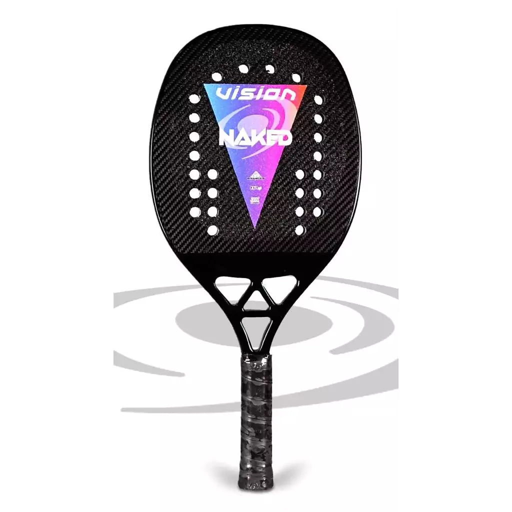 Shop Vision Beach Tennis Rackets, Paddles, Balls and Accessories at iambeachtennis, shipping worldwide. Miami based boutique depot store - Racket model shown is a 2023 Vision Pro NAKED LIMITED EDITION Professional Beach Tennis Racket. Raquete is vertical.