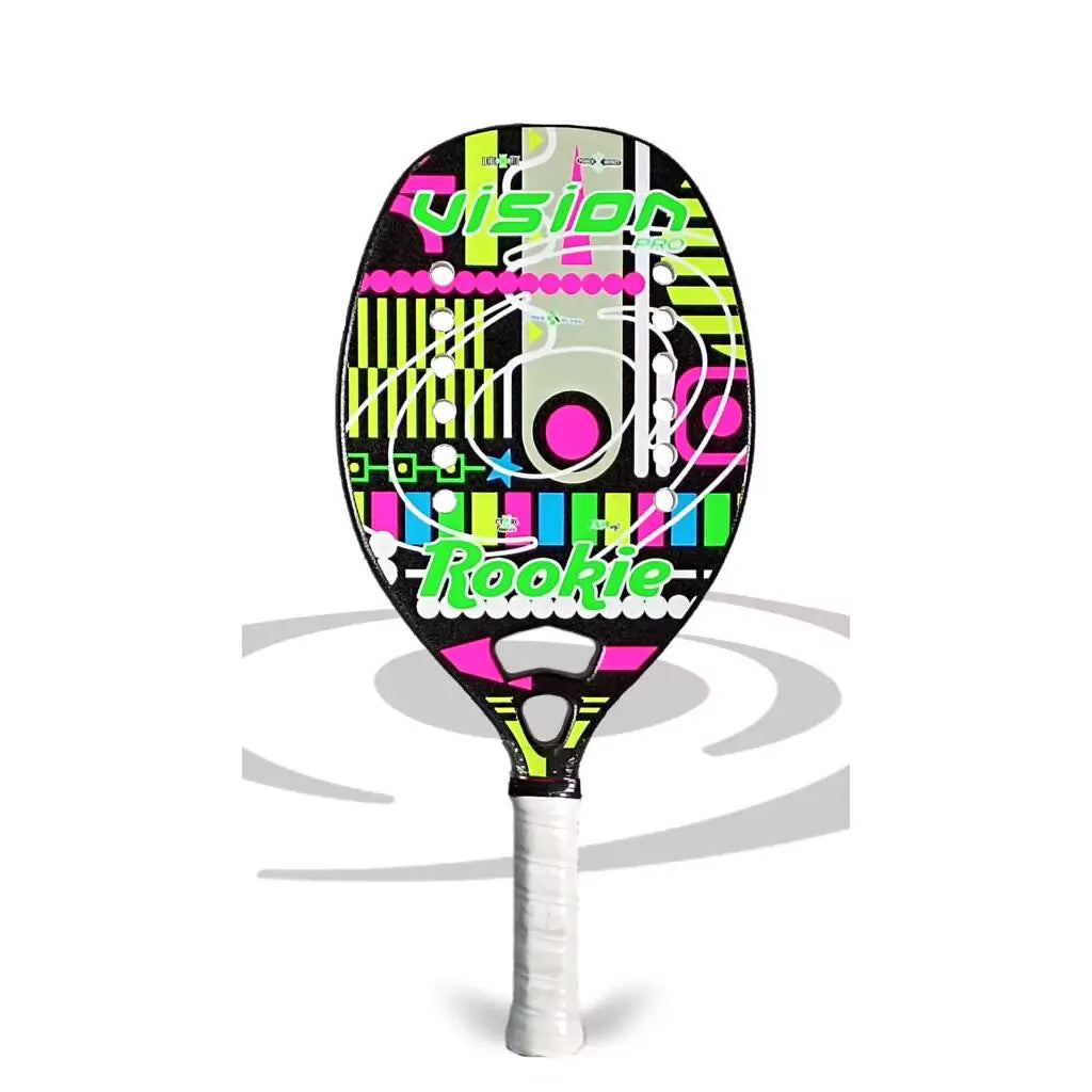 Shop Vision Beach Tennis Rackets, Paddles, Balls and Accessories at iambeachtennis, shipping worldwide. Miami based boutique depot store - Racket model shown is a 2023 Vision Pro LIQUID Junior Beach Tennis Racket. Raquete is vertical.