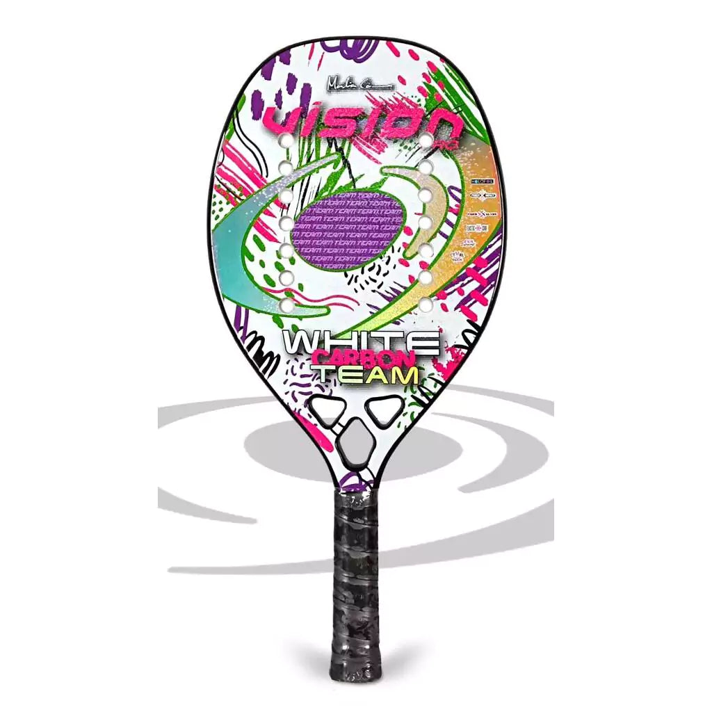 Shop Vision Beach Tennis Rackets, Paddles, Balls and Accessories at iambeachtennis, shipping worldwide. Miami based boutique depot store - Racket model shown is a 2023 Vision Pro WHITE CARBON TEAM Intermediate/Beginner Beach Tennis Racket. Raquete is vertical.