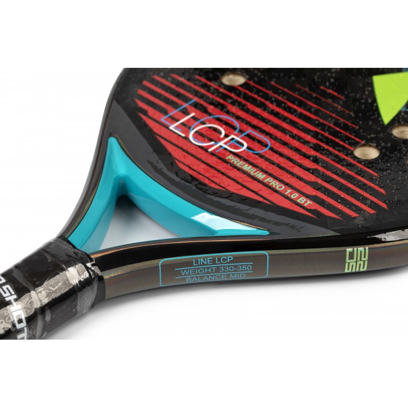 i am Beach Tennis store -  Drop Shot Beach Tennis Paddle, year 2022. The racquet model is a Drop Shot  PREMIUM PRO 1.0 BT Advanced/Professional beach tennis racket / raquete. Neck view of the racket / raquet.