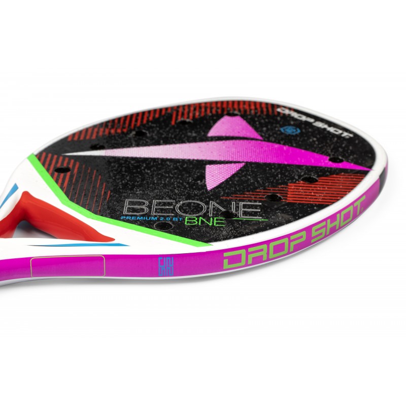 iamBeachTennis Boutique store - Drop Shot Beach Tennis Paddle, year 2022. The racquet model is a Drop Shot PREMIUM PRO 2.0 BT Advanced/Professional beach tennis racket / raquete. Side face view of the racket / raquet.
