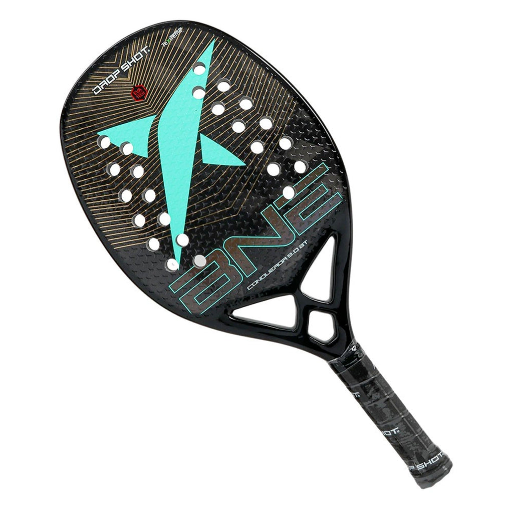 iambeachtennis BT Store - Drop Shot Sports Brand year 2021 BT paddle. The Racket model is a Drop Shot CONQUEROR BT 9.0 Advanced/Professional Beach Tennis racket - side orientation view of the racket / raquet. 